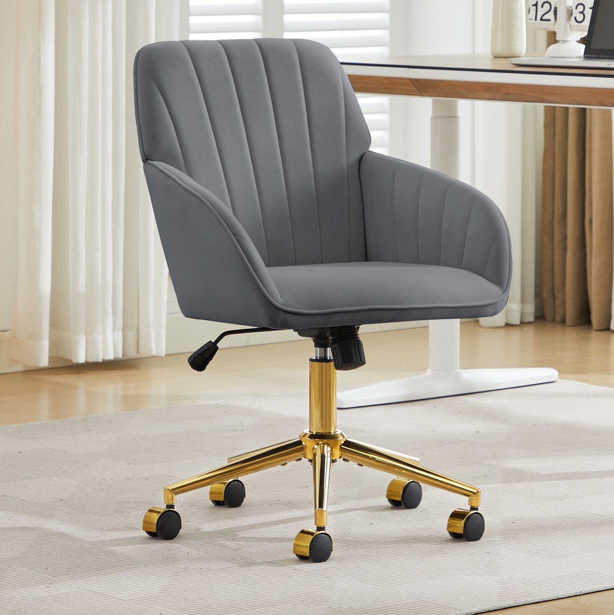 DESMIU Bureaustoel 62 X 60 X 97 Cm - Hoogteverstelbaar En Ergonomisch - 360 Graden Draaibaar Met Wielen - Voor Kantoor En Slaapkamer - Fluweel Grijs