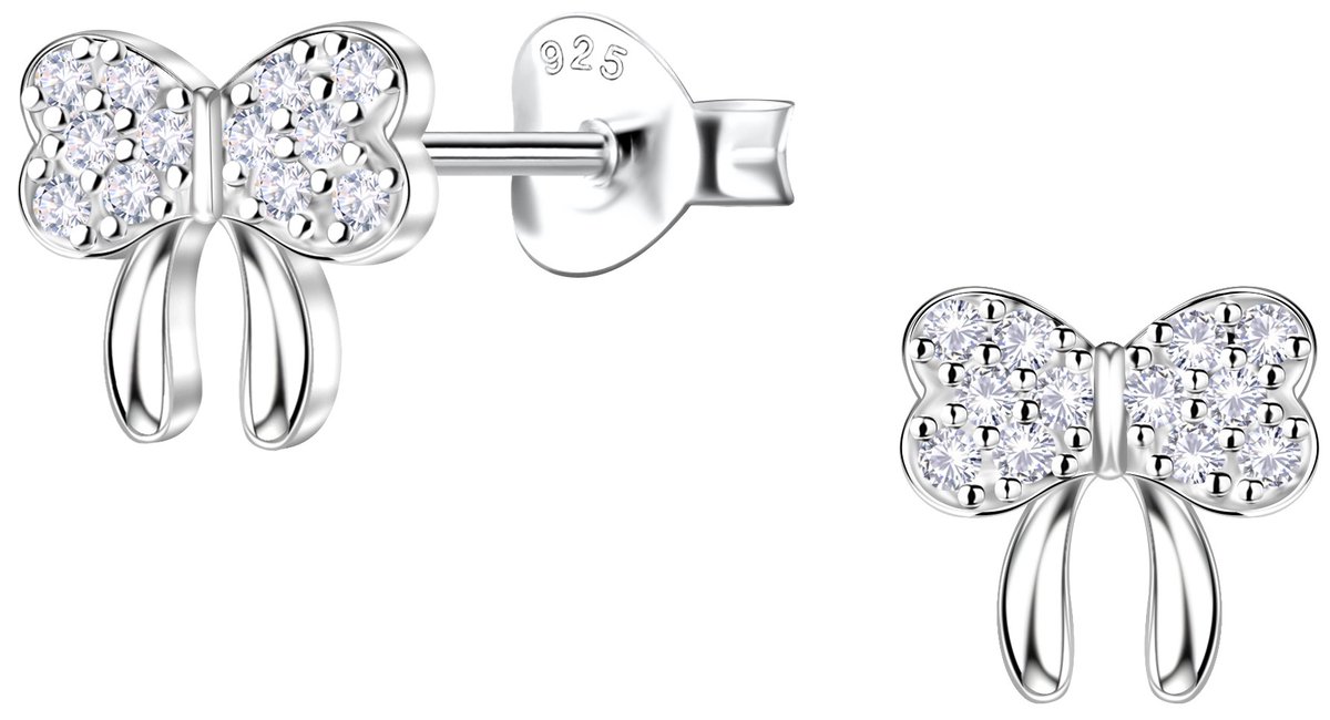 Joy|S - Zilveren strikje oorbellen - 6 mm - petit strikjes - zirkonia - sterling zilver 925 - dames oorknopjes