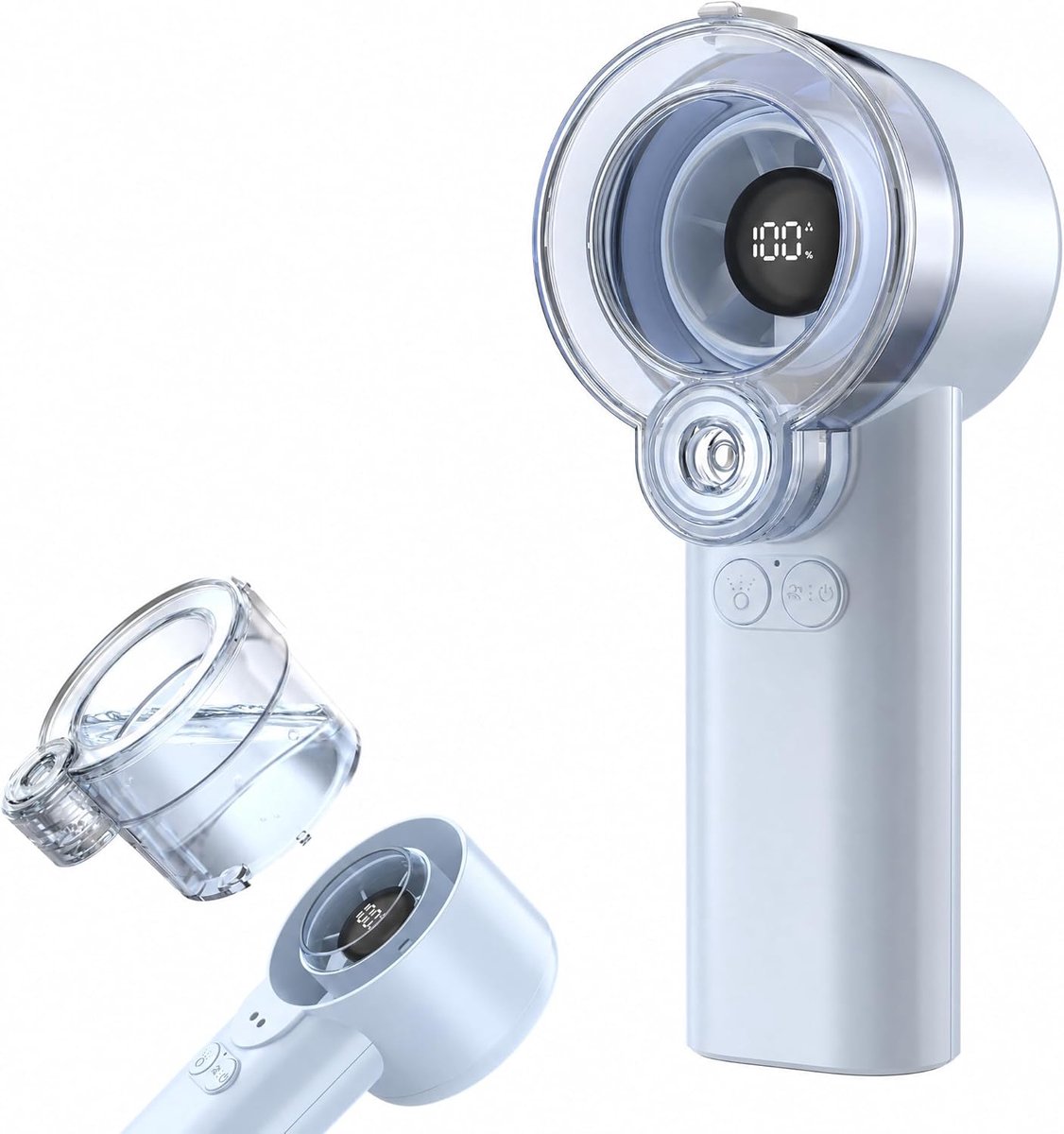 2-in-1 handventilator met sproeifunctie - Draagbaar - Oplaadbaar - Waterstraalventilator - 5 windsnelheden - Met LED-display -Persoonlijk - Mini-Koelventilator-Verwijderbaar waterreservoir-Zomer-Geschikt cadeau voor mannen/vrouwen - Blauw- 1 stuk