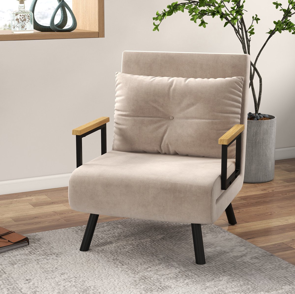 FloraGrace Relaxfauteuil Met Bedfunctie - Verstelbare Rugleuning Tot 180 Graden - Voor Woonkamer En Logeerkamer - Polyester - Beige