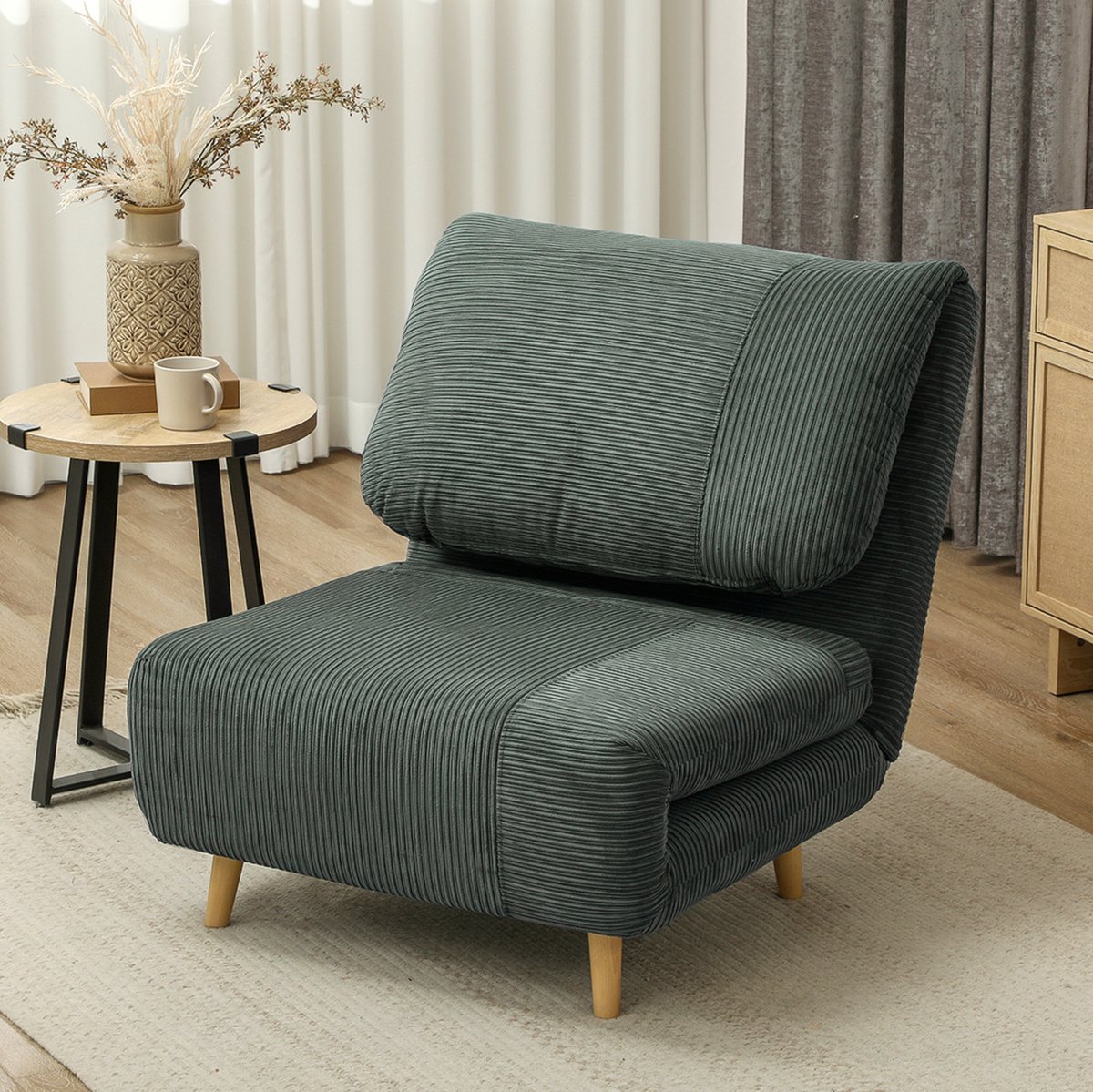 FloraGrace Fauteuil 2-in-1 Verstelbare Rugleuning - Slaapfauteuil En Logeerbed - Corduroylook - Voor Woonkamer En Slaapkamer - Groen