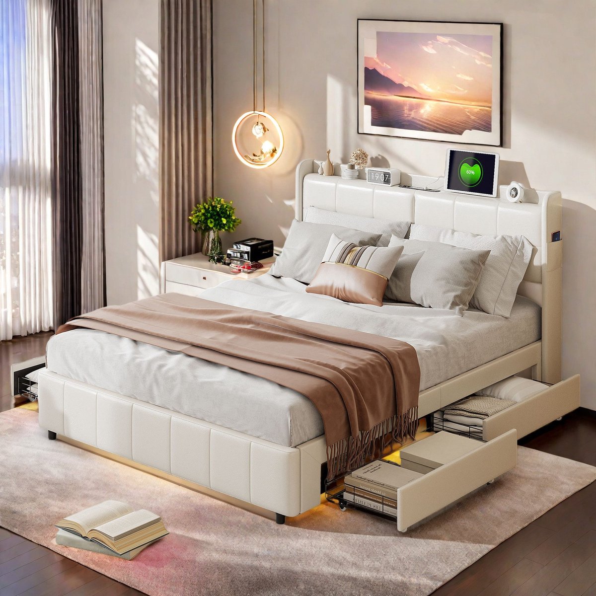 SHOPENTRA 160x200cm Tweepersoonsbed Met 4 Zijdeladen, USB-Poort, PU-Leder Bekleding, Modern En Praktisch Bed Voor Slaapkamer, Wit