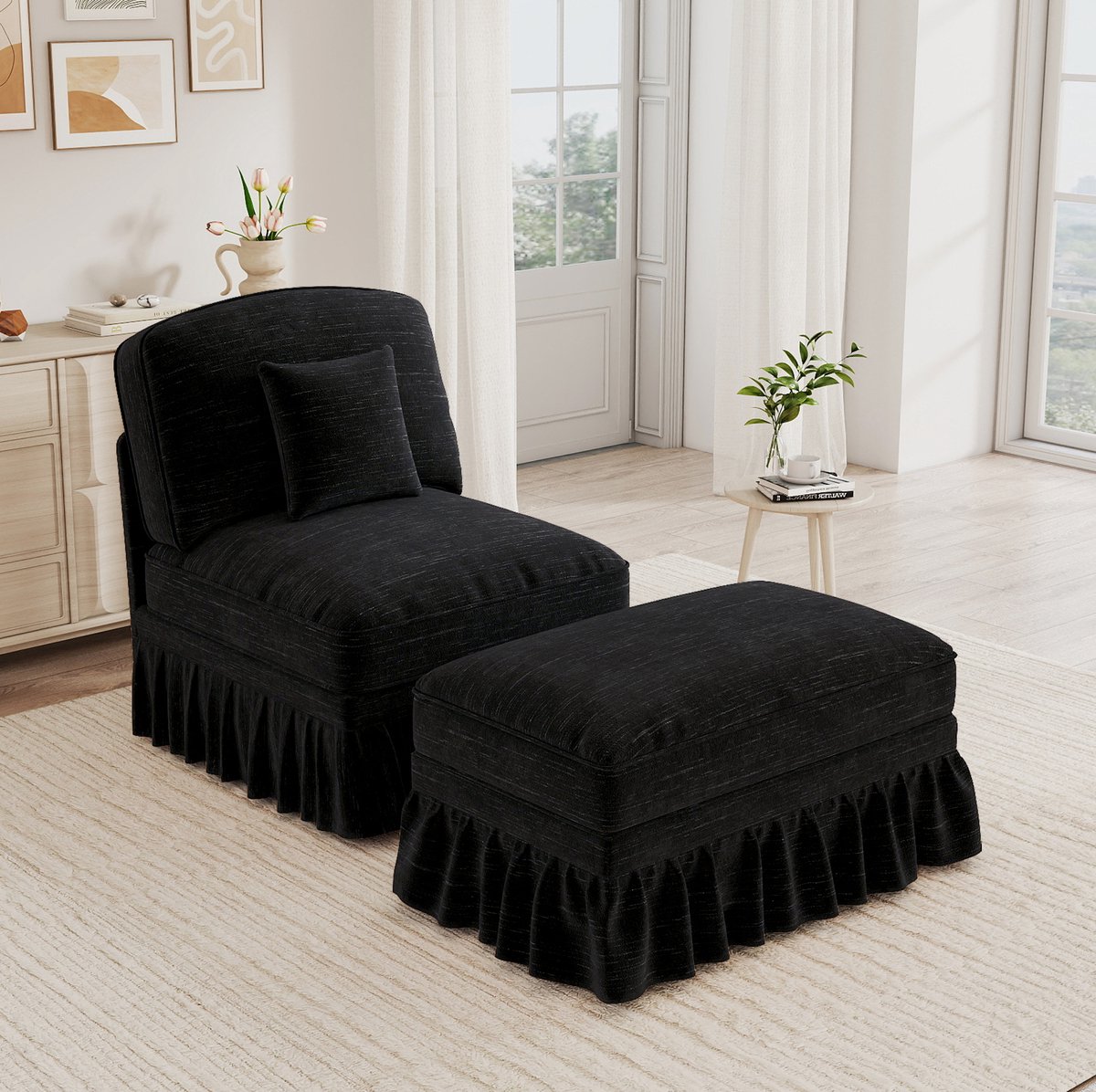 FloraGrace Fauteuil 78 x 83,5 x 93 Cm - Met Hocker, Afneembare Rucherok En Los Kussen - Voor Woonkamer Of Kleine Ruimte - Chenille - Zwart