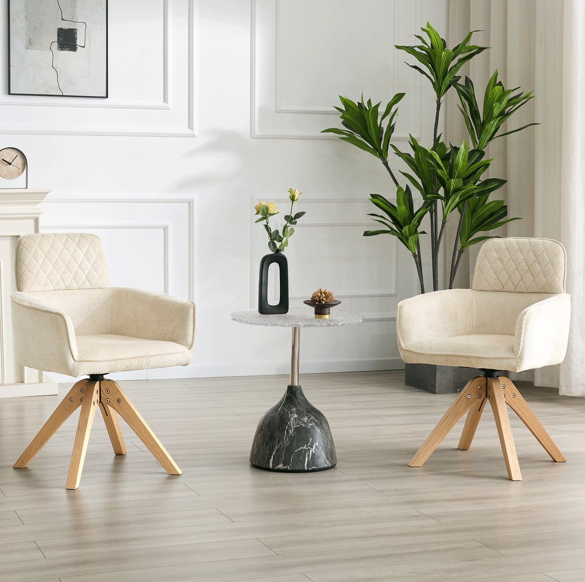 FloraGrace Eetkamerstoel – 360° Draaibaar – Set Van 2 Met Armleuningen – Wabi-Sabi Voor Eethoek, Keuken of Kantoor – Stof en Hout – Crèmewit