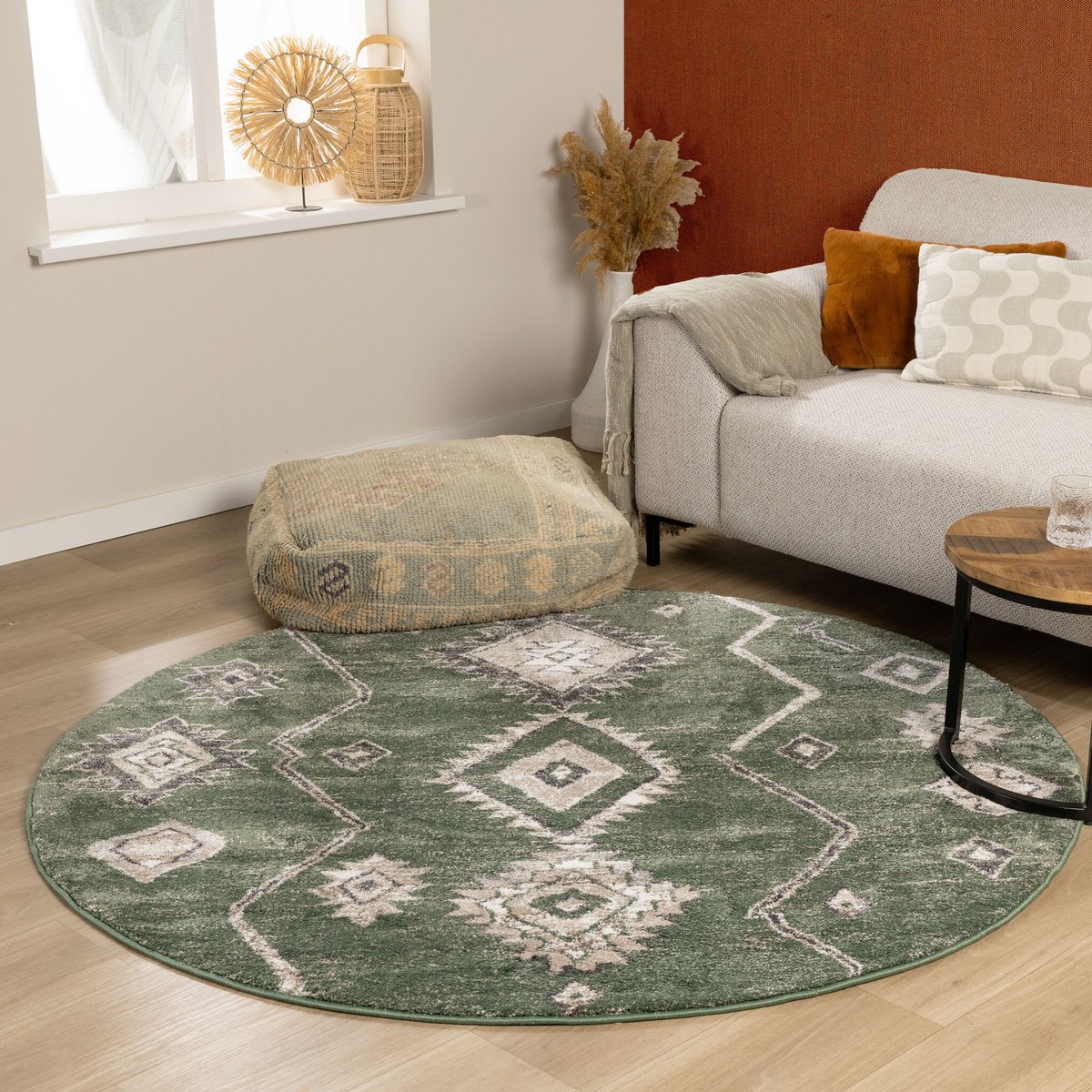 Fraai Berber vloerkleed rond - Blend Aztec Groen - Ø 100cm