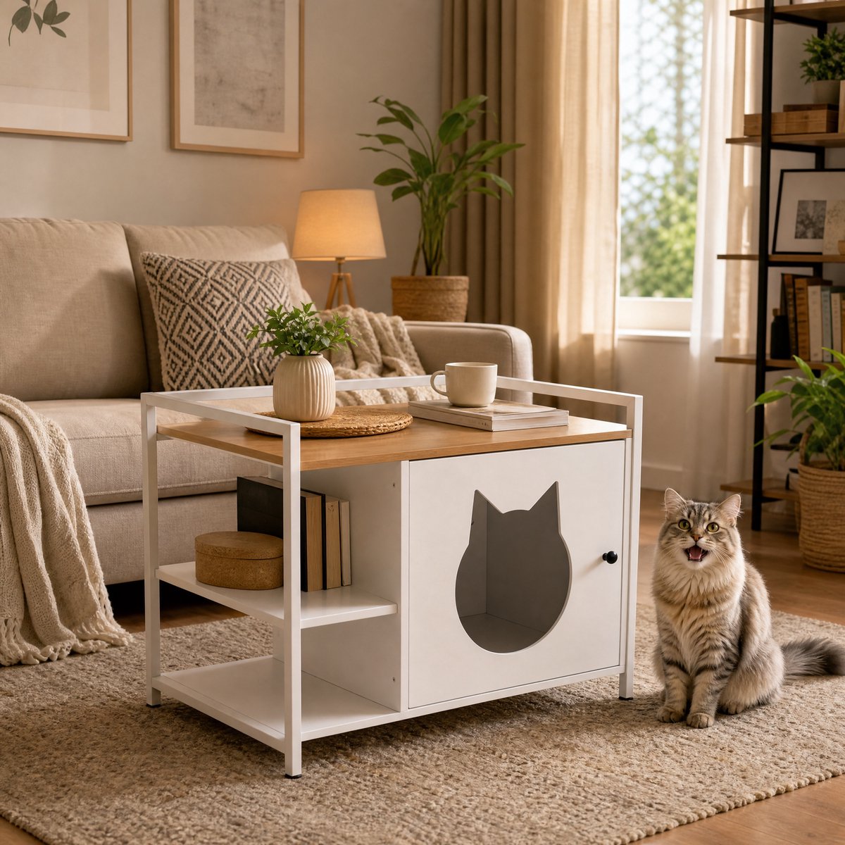 KOMHTOM - Multifunctionele kattenbakkast - Wit en hout - Kattenkop gat - 2 planken & opbergruimte - Moderne bijzettafel