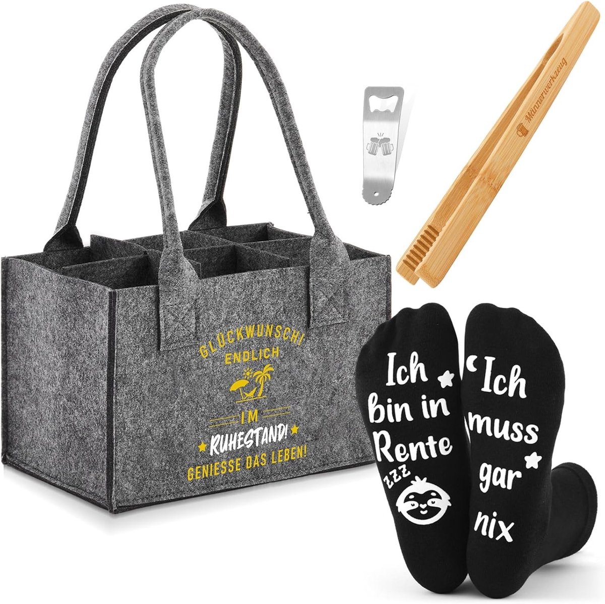 4-delige Bier Cadeauset voor Mannen met Flessentas, Grilltangen, Flessenopener en Grappige Sokken - Perfect voor Feestdagen en Verjaardagen