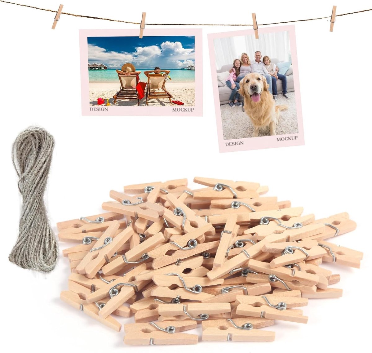 Houten knijpers 120 stuks 2.5 x 0.3 cm met 10 m touw, kleine clips voor foto's, kaarten en feestdecoraties