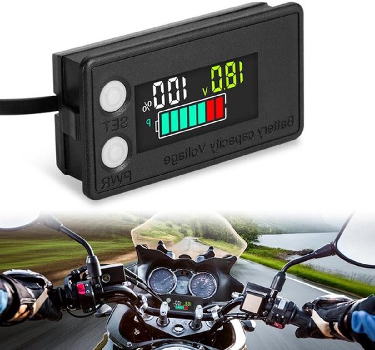 Houder IPX7 waterdichte accu-monitor met spanningsweergave 12V, 24V, 36V, 48V, 60V en 72V – accu-capaciteitsmonitor met temperatuursensor en alarm voor campers, auto's, golfkarren, boten en motorfietsen