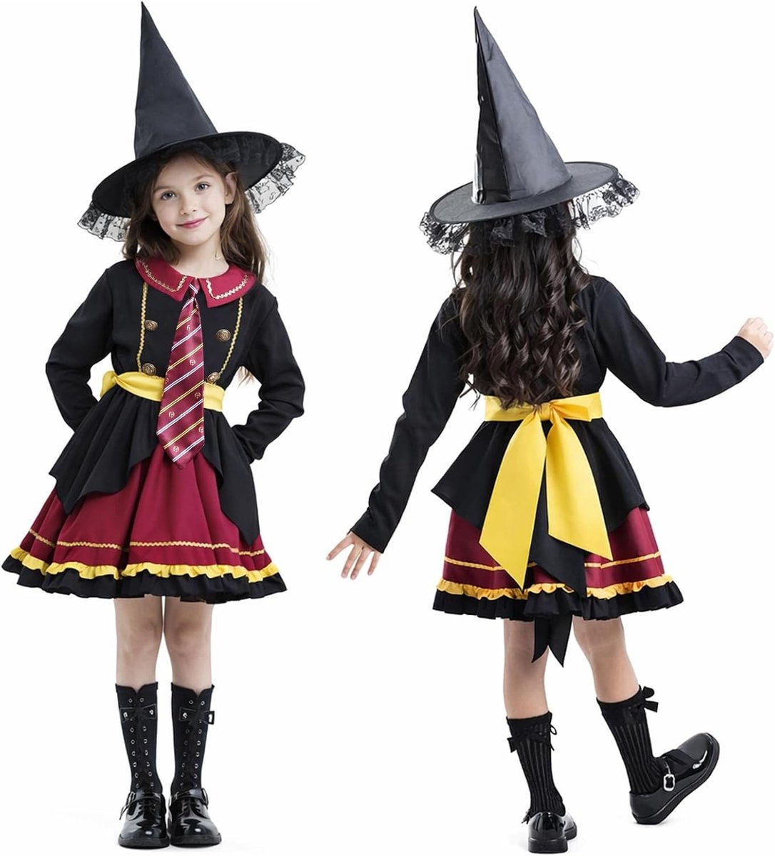 Lolita heksen kostuum voor kinderen en vrouwen, inclusief heksenhoed, vleugelriem en toverstaf voor Halloween en carnaval, ideaal voor cosplay en feestjes