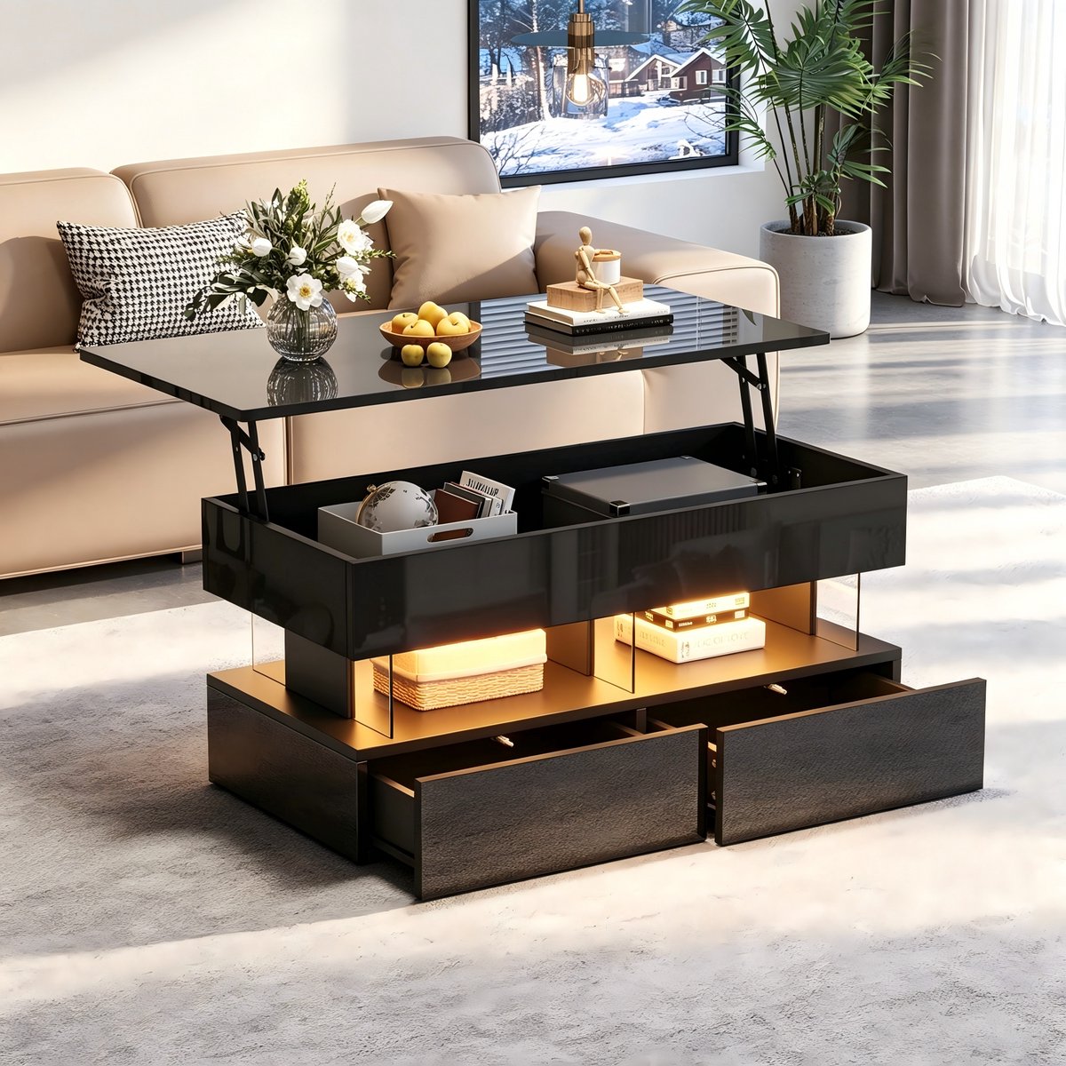 FloraGrace Salontafel - Verstelbaar Tafelblad Met LED En 2 Lades - Voor Woonkamer Met Verborgen Opbergruimte - MDF - 100x50x46 Cm - Zwart