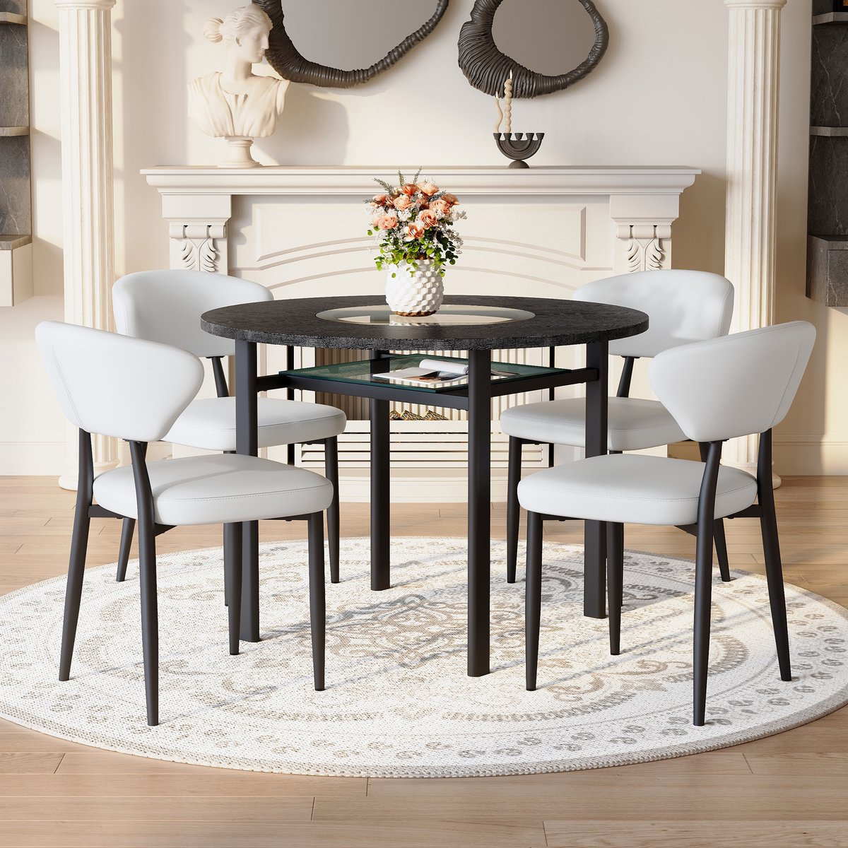 DESMIU Set Tafel En Stoelen 100 Cm - Ronde Eettafel Met Glazen Inleg En 4 Stoelen - Voor Eetkamer En Woonkamer - MDF En Metaal - Zwart Wit