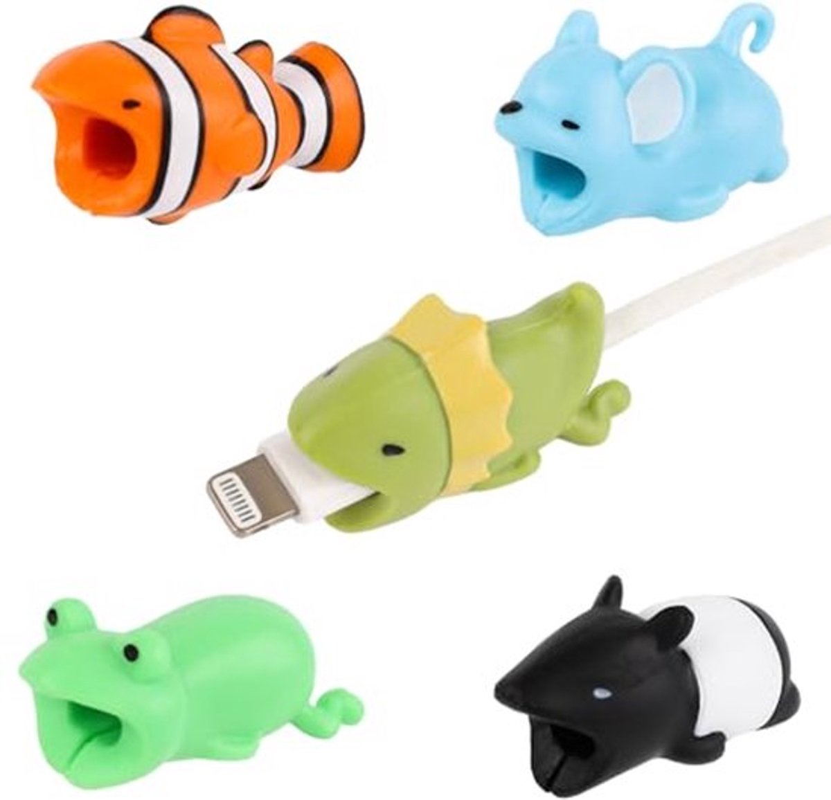 5 stuks kabelbeschermers voor dierenbeten, schattige clownvis, Maleisische tapir, hagedis,