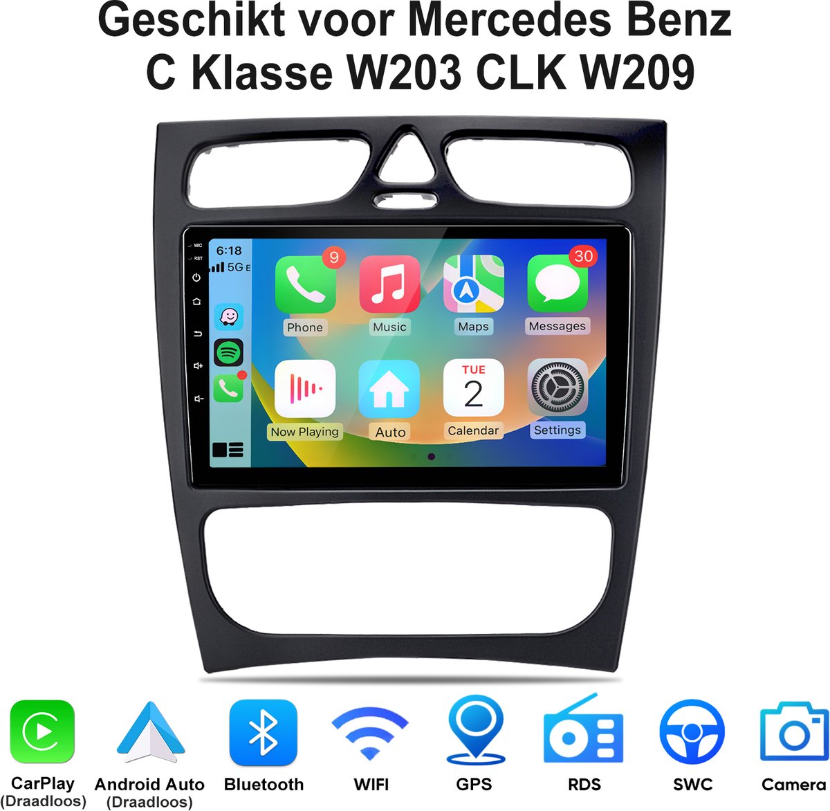 JUNSUN Android 15 Draadloos Carplay & Android Auto Autoradio Geschikt voor Mercedes Benz C Klasse W203 CLK W209 - GPS-Navigatiesystem - 9 inch Touchscreen - Bluetooth - WIFI - RDS - FM - DSP - 2GB+64GB