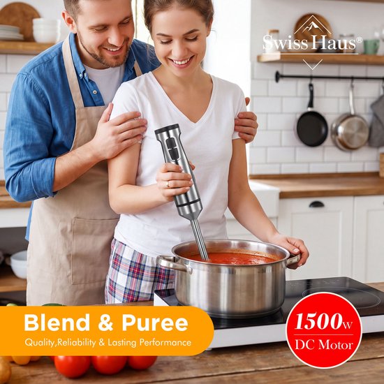 Swiss Haus® HB22 Staafmixer - 1500W – RVS Handblender met 12 Snelheden + Turbo – Titanium 4-bladenmes – RVS