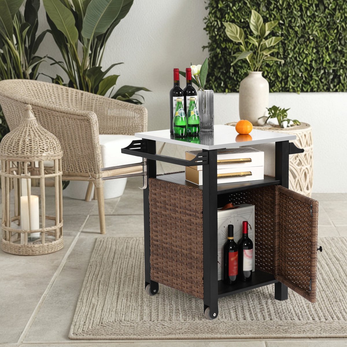 FloraGrace Tuinkar - Verrijdbare Barkar Met Opbergruimte En Rvs Werkblad - Voor Tuin En Keuken - Staal En Wicker - 57x76x85 Cm - Bruin
