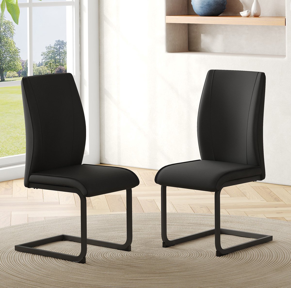 OKWISH Eetkamerstoel - Ergonomische Rugleuning - Set Van 2 - Kunstleer En Metaal - Modern - Zwart - Comfortabel Voor Eethoek