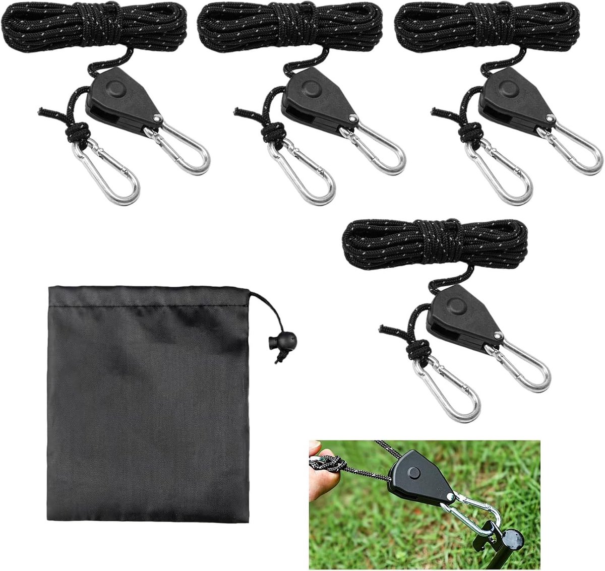 Verstelbare 4 mm scheerlijnen met touwspanner en ratelophanging voor tenten, luifels en zeilen, reflecterend en duurzaam, inclusief haken voor optimale bevestiging