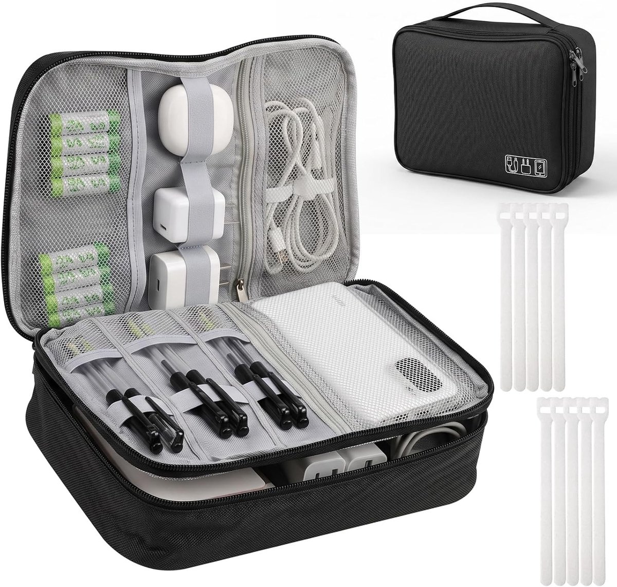 Waterdichte kabelorganizer met dubbellaagse scheidingswand, ideaal voor oplaadkabels, powerbank en reisaccessoires, inclusief 10 kabelbinders voor optimale organisatie