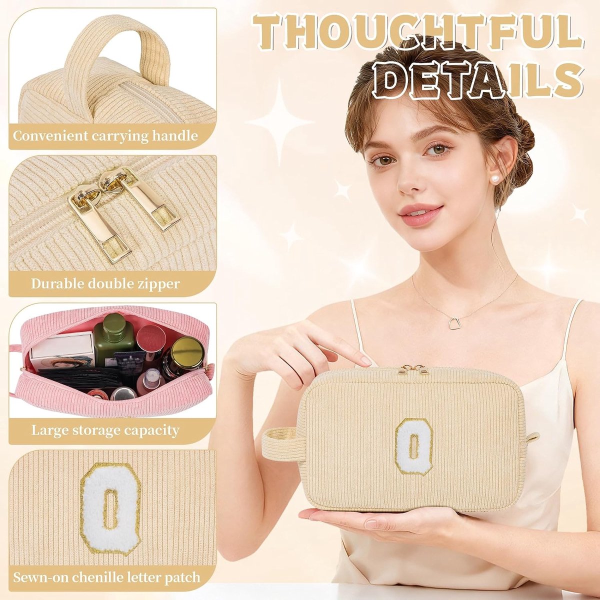 Schattige Corduroy Make-up Tas voor Vrouwen, Persoonlijke Cosmetica Organizer met Aanpasbare Letters, Perfect Cadeau voor Vriendin in Roze en Off-white