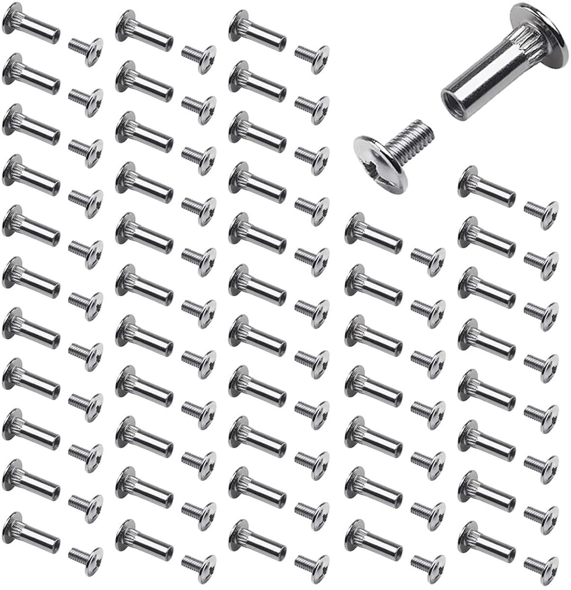 M4 verbindingsschroeven, 50 sets, meubelverbindingen, staal, nikkelgecoat, voor het verbinden en bevestigen van platen met een dikte van 10 mm