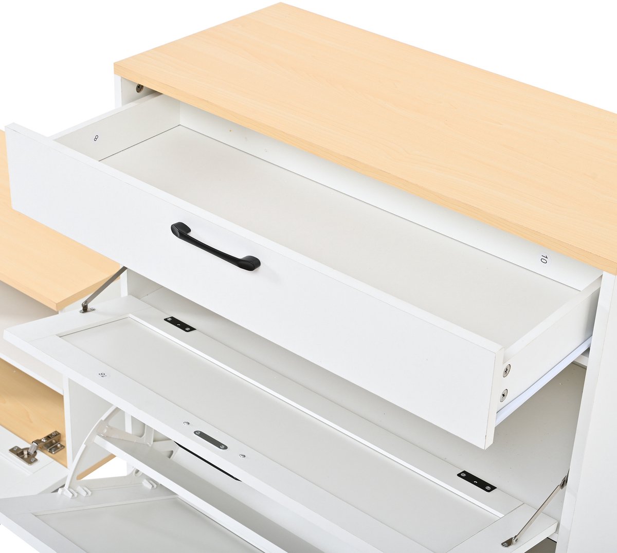 OKWISH Schoenenkast Garderobeset - Modulair Met Spiegel En Lade - 156 x 36 x 176 cm - 2 Kleppen En Wandkapstok - MDF Wit Naturel