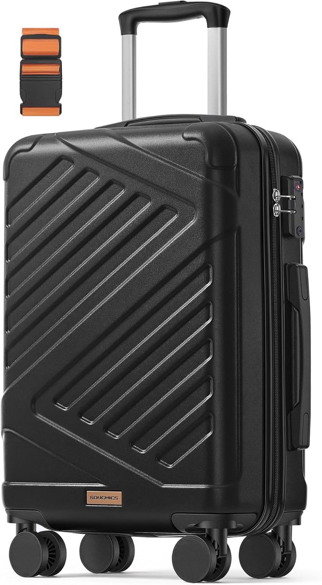 SONGMICS handbagage koffer, ABS-bagagetrolley met TSA-slot, 4 dubbele zwenkwielen, reiskoffer met riem, handbagagekoffer 55 cm, inktzwart