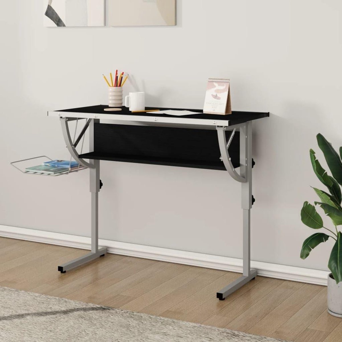 Knutseltafel Studietafel - Bureautafel Schrijftafel - Creatief Werken - Verstelbaar Tafelblad - 110 x 53 x 87 cm - Zwart Grijs