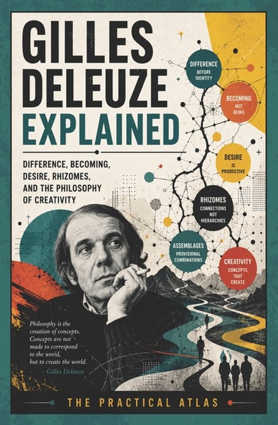 Boekomslag van Gilles Deleuze Explained met portret van Deleuze, diagrammen en een weg door een berglandschap.