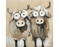 K&C Art (Canvas schilderij) 100x100cm | Grappige gekke Schotse hooglanders - koe - dier - beige - bruin - wit - zwart - kunst | Woonkamer - slaapkamer - hal - kantoor | Foto schilderij print op canvas - wanddecoratie - muurdecoratie - wall art