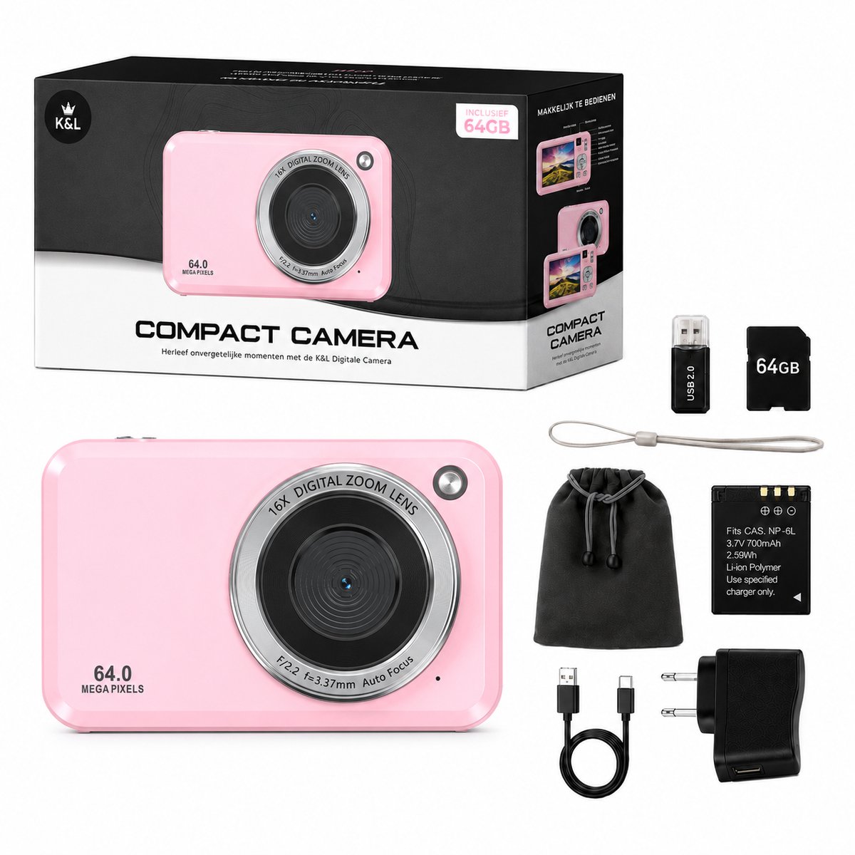 Digitale Kindercamera – FHD 720P, 16x Zoom, 2,4 Inch Scherm, 16 MP, Compact, Goud, Geschikt Voor Jongeren
