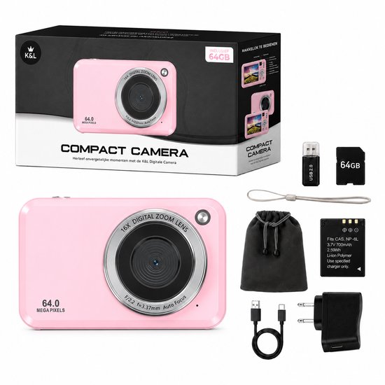 Roze compactcamera met 64MP en 16x digitale zoom, samen met de inhoud van de verpakking: doos, USB-stick, SD-kaart, draagriem, tas, accu, kabel en adapter.