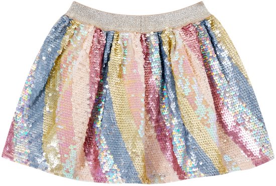 Korte rok met horizontale banen van pailletten in de kleuren lichtroze, lichtblauw, goud en crème, met een glimmende tailleband.