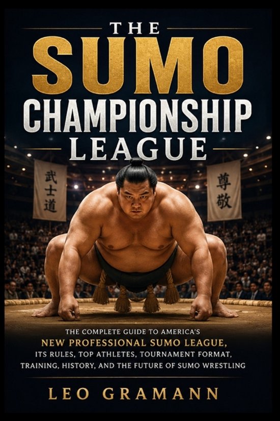 De voorkant van het boek 'The Sumo Championship League' met een sumo-worstelaar in gevechtshouding op de voorgrond en een menigte op de achtergrond.