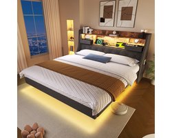 Lit capitonné flottant 180x200 avec LED et USB-C - Chambre 2 personnes - Lin gris - Tête de lit avec rangement et port de charge rapide - Éclairage d'ambiance contrôlé par application - Capacité de charge 300 kg, adapté aux aspirateurs robots