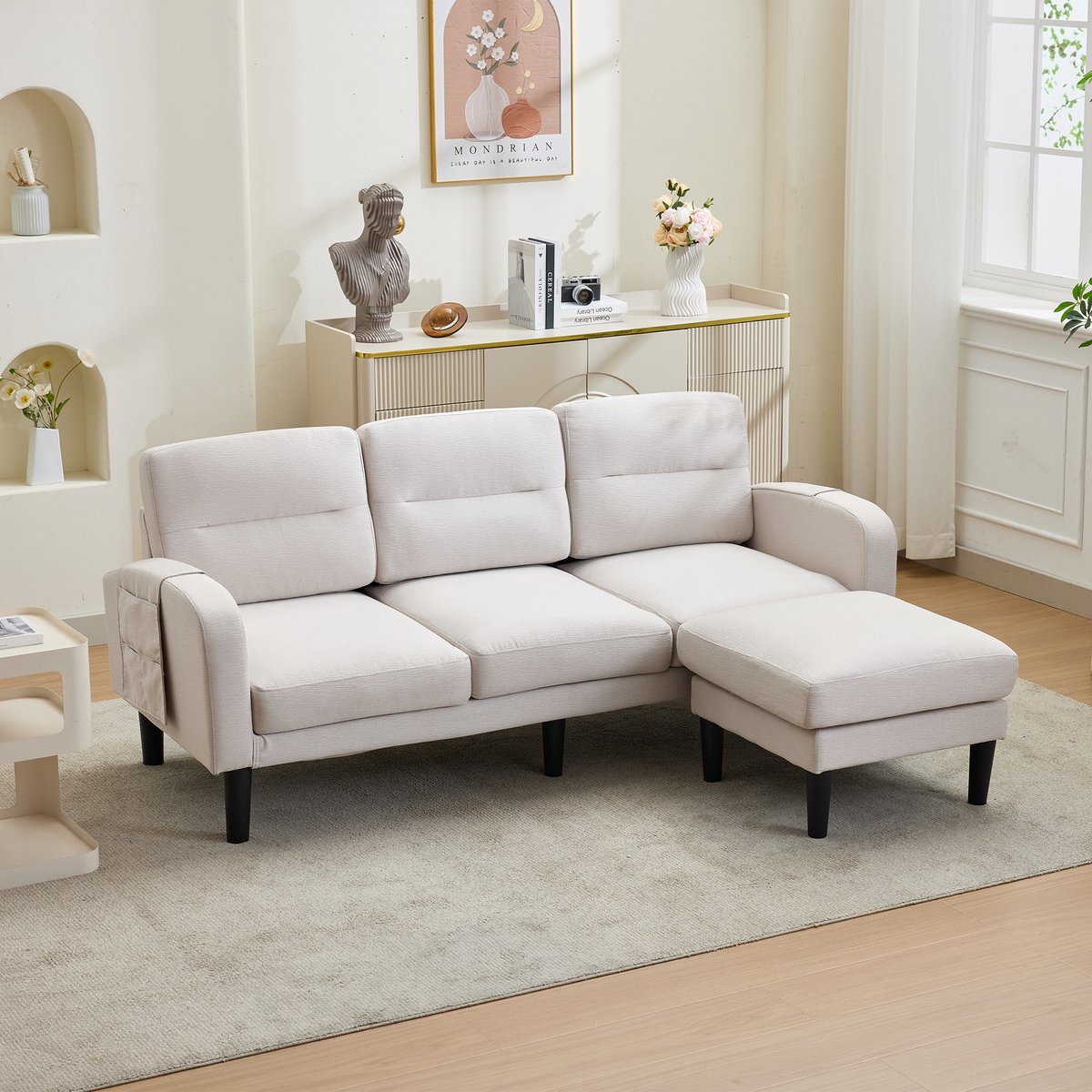 Moderne Hoekbank, L-Bank, L-Vormige Hoekbank, 3-Zits Met Chaise Longue, Kleine Hoekbank, Opbergvak Aan De Zijkant, 10 Poten, Geschikt Voor De Woonkamer, 204X136X80 cm,Beige