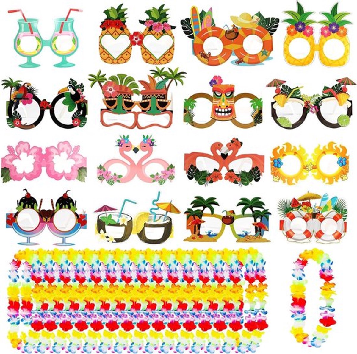 Set van 32 kleurrijke Hawaï-partyaccessoires met bloemenkettingen, tropische brillen, Luau fotorekwisieten en meer voor een feestelijke sfeer