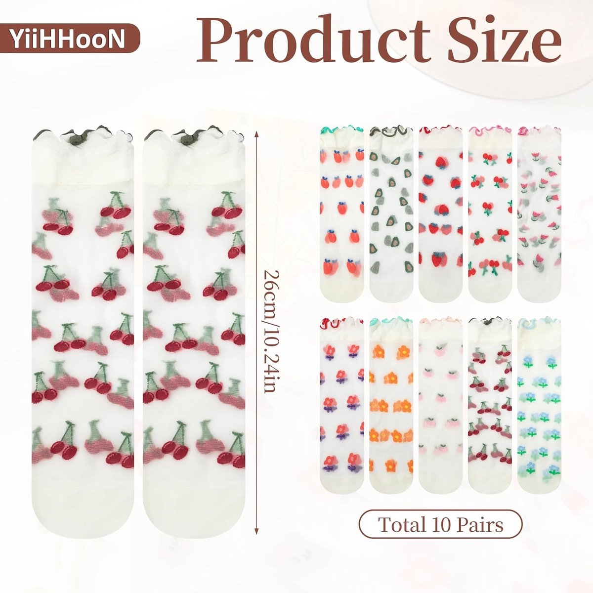 Modieuze Doorzichtige Damessokken met Ruches, 10 Paar Nylon Mesh Sokken met Bloemen- en Fruitpatroon voor Dames, Perfect voor Casual en Feestelijke Gelegenheden