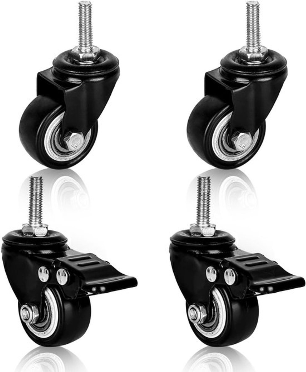 Heavy Duty Meubelwielen - Schroefdraad M8 - Zwenkwielen met Rem - 4 stuks