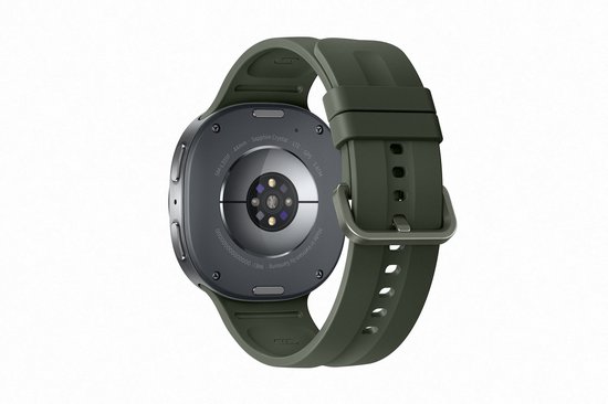 Achterkant van een Samsung Galaxy Watch9 met donkergroen bandje, met sensor details.