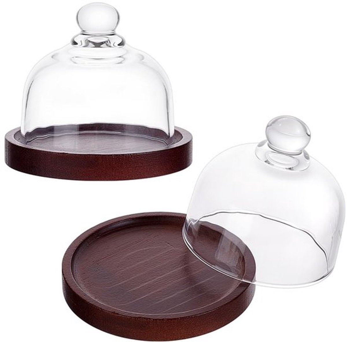 2 stuks kleine taartstandaard met houten voet, ronde taartstandaard van transparant glas voor desserts, kaas, snoep, vetplanten, 10,5 x 10,5 x 9 cm