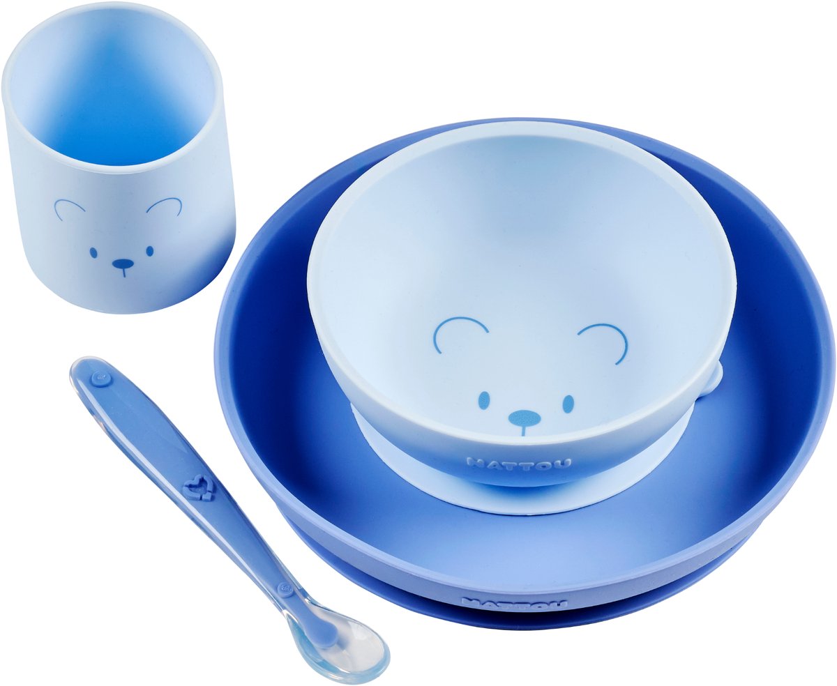 Nattou Mealtime Beer Serviesset Voor Kinderen Silicone 4 Stuks - Bord + Kom + Beker + Lepel - Antislip - BPA-vrij - Blauw