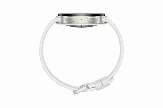 Zijaanzicht van een witte Samsung Galaxy Watch 9 met zilverkleurige knoppen en bandje.