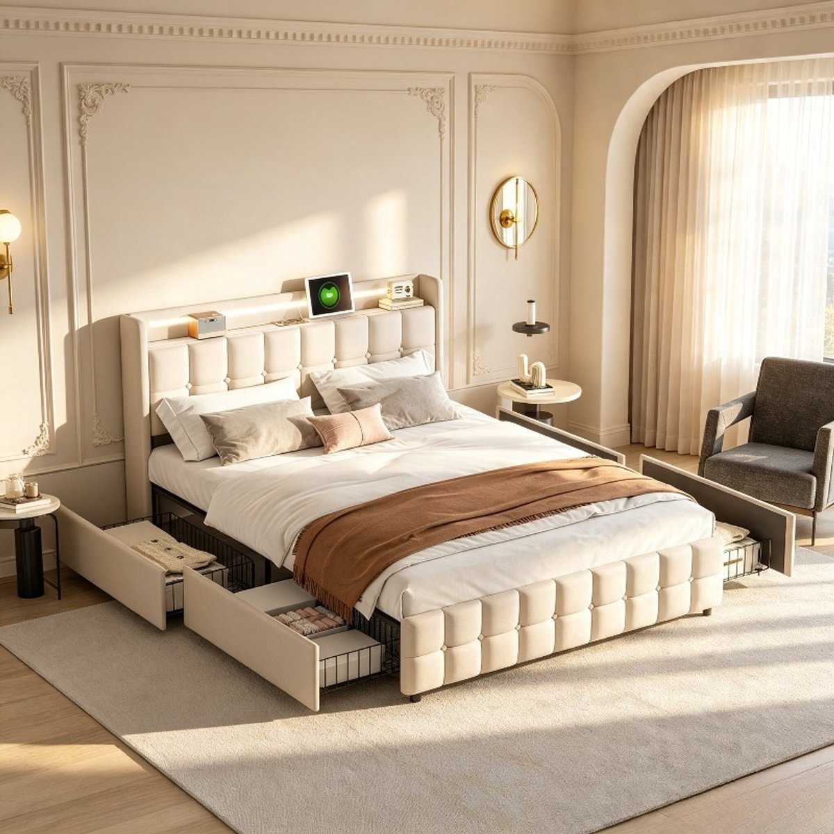 Tweepersoonsbed 160x200 cm met led verlichting, 2 persoonsbed met opbergruimte en 4 laden, gestoffeerd bedframe van linnen met hoofdbord, beige bed zonder matras