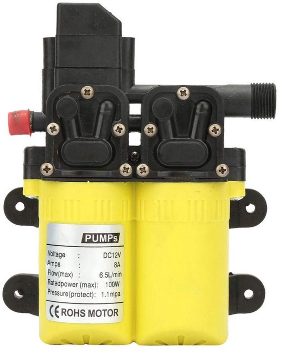 Zelfaanzuigende pomp, 12V 100W dubbele zuigdiafragma waterpomp hoge druk waterpomp voor het reinigen van caravans, boten, auto's enz. (Geel), Geel, duurzaam