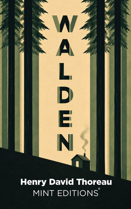 Boekcover van Walden met de titel verticaal, omringd door bomen, met een huisje in de verte.