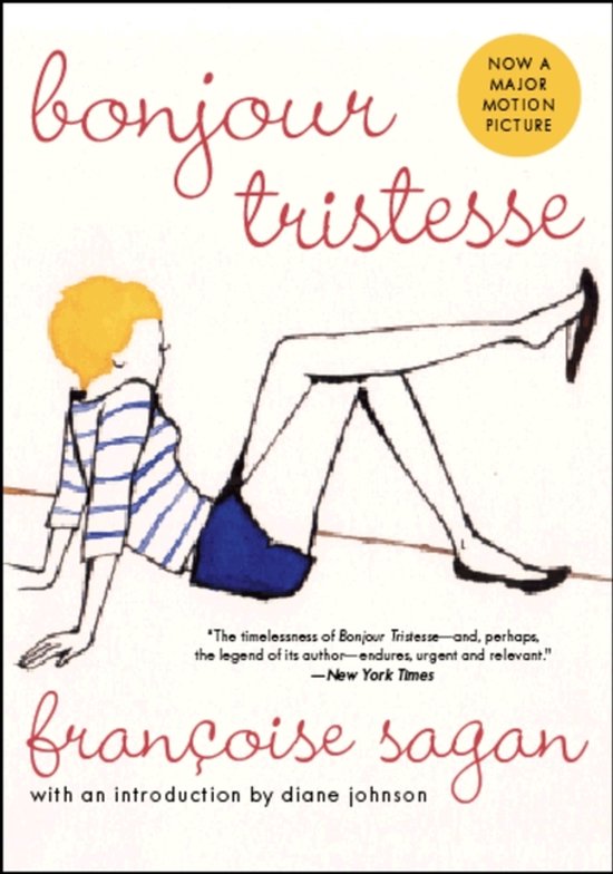 Boekcover van 'Bonjour Tristesse' met een illustratie van een blondharige vrouw in een gestreept shirt en blauwe shorts, liggend.