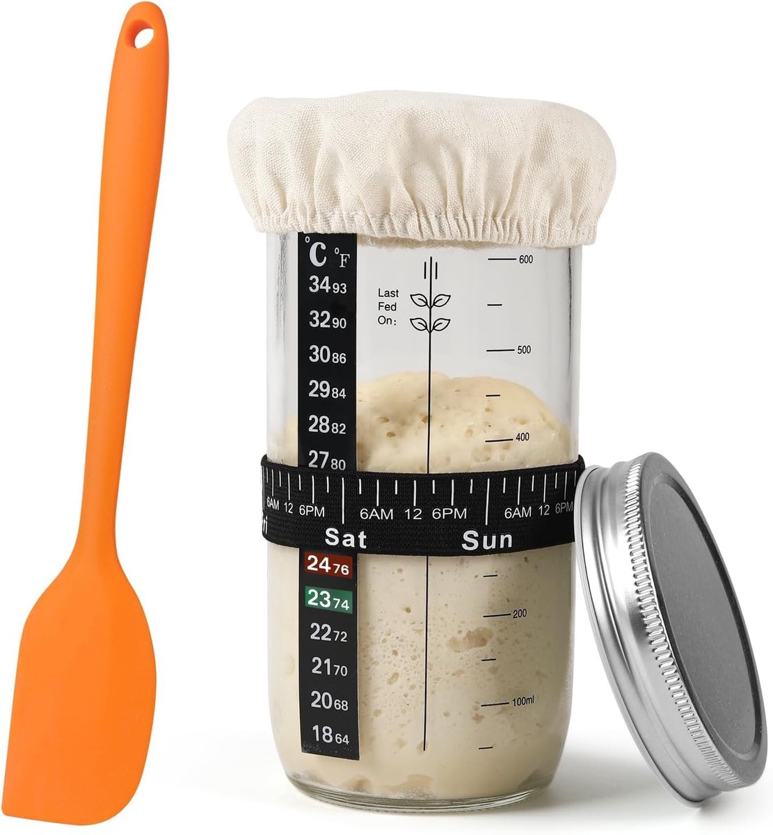 Zuurdesem Starterset - Glas en Siliconen - Inclusief Thermometer en Deksel - Voor Thuis Bakken