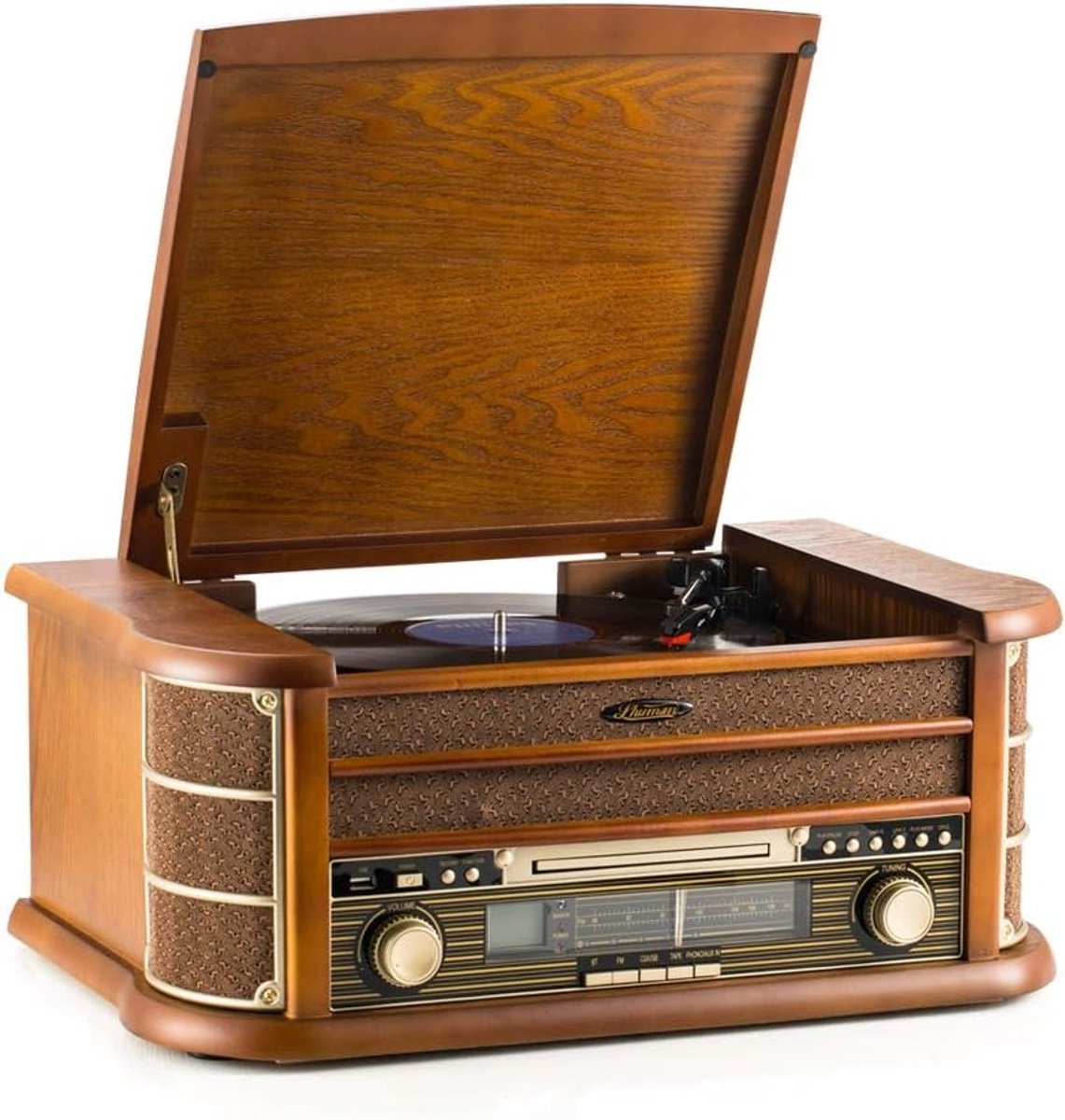 Retro Houten 7-in-1 Muziekcentrum - Draadloze Verbinding - Platenspeler met 3 Snelheden - Inclusief Afstandsbediening - Voor Muziekliefhebbers
