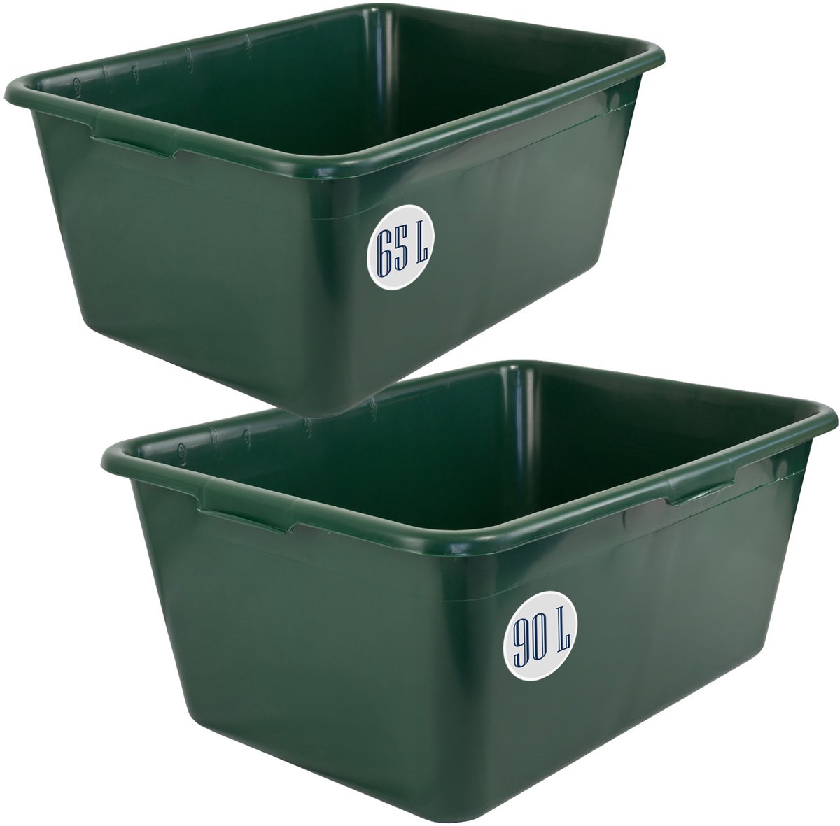 2-delige set wildbakken 65L + 90L voerbak, mortierbak, plastic bak, waterbak, waterreservoir, groen, voedselveilig, multifunctioneel, Petigi
